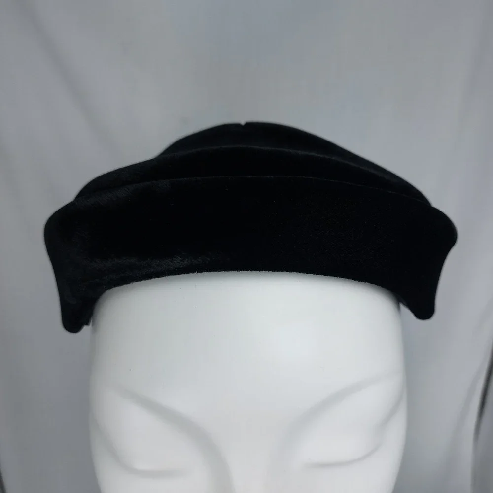 Vintage 1950's Womens Pillbox Hat Black Velvet Removable Modesty Veil Sz Large